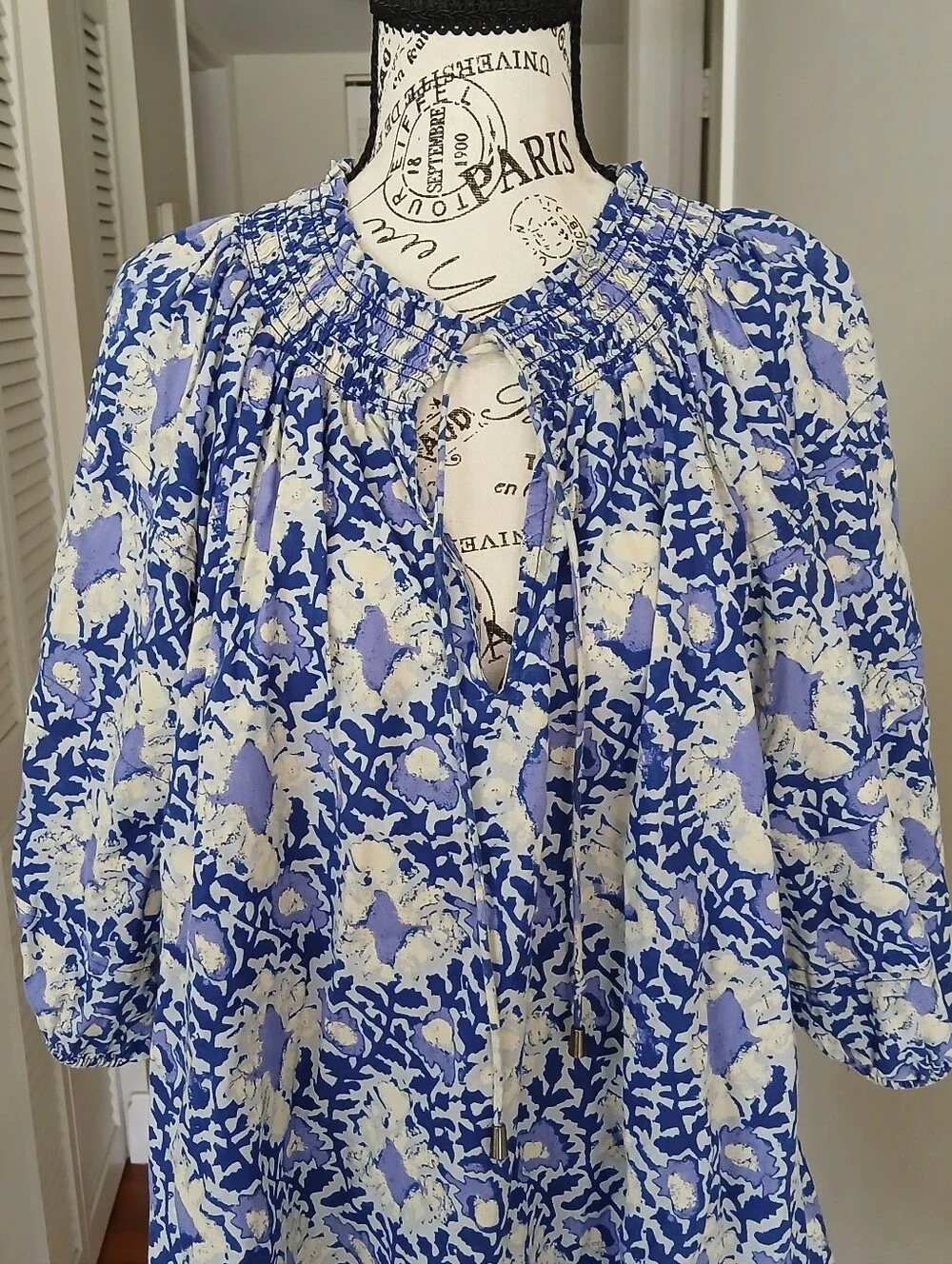 Free People Willow Printed Puff Sleeve Tie Neck Blouse